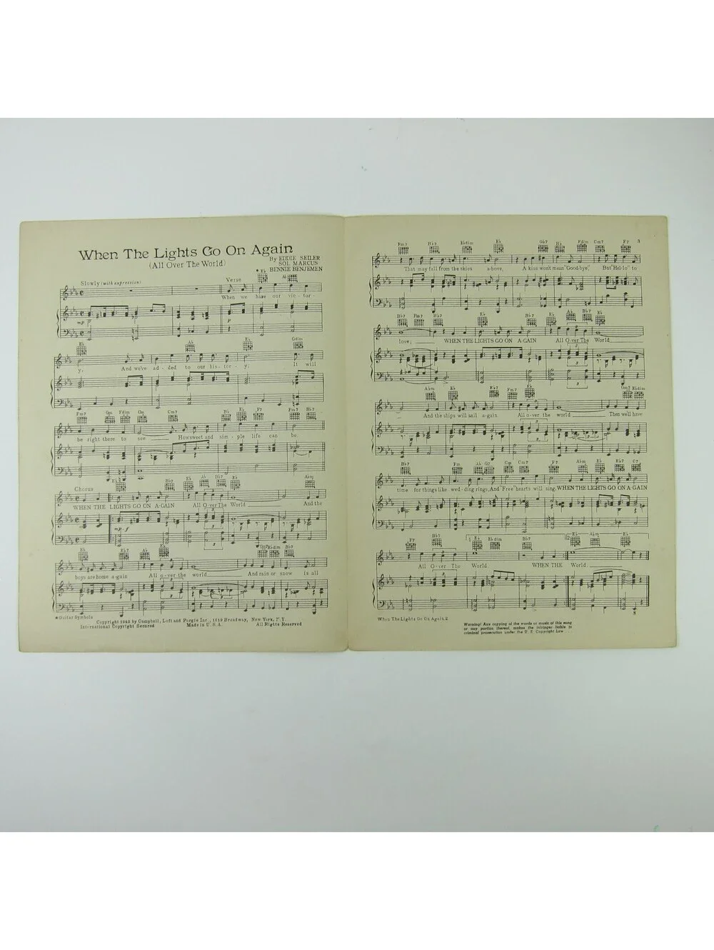 Sheet Music When the Lights Go on again (All over the World ) WW2 Vintage 1942